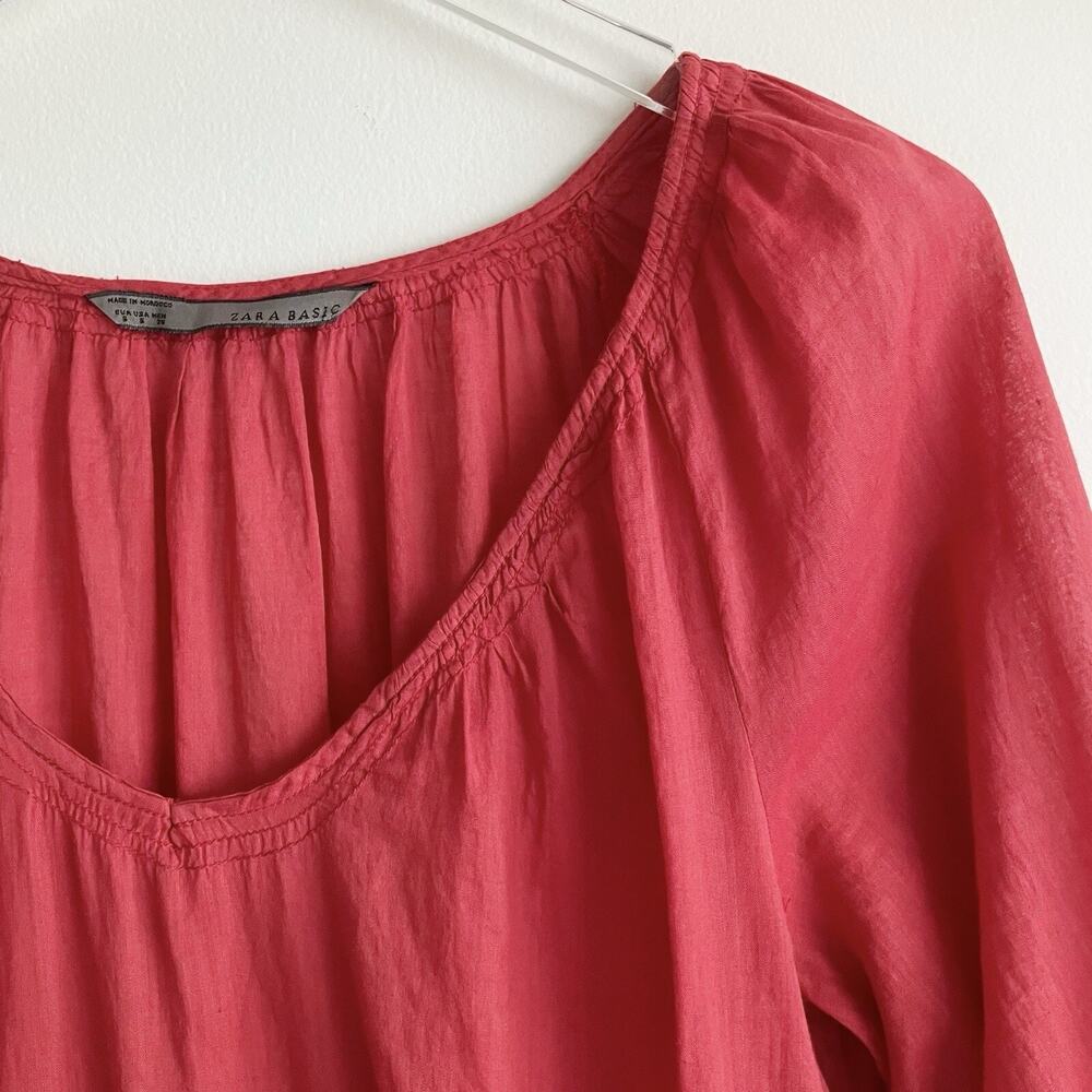 Zara Small Peasant Tunic Top Eyelet Red V Neck Drawstring 3/4 Sleeves Boho - Picture 2 of 5
